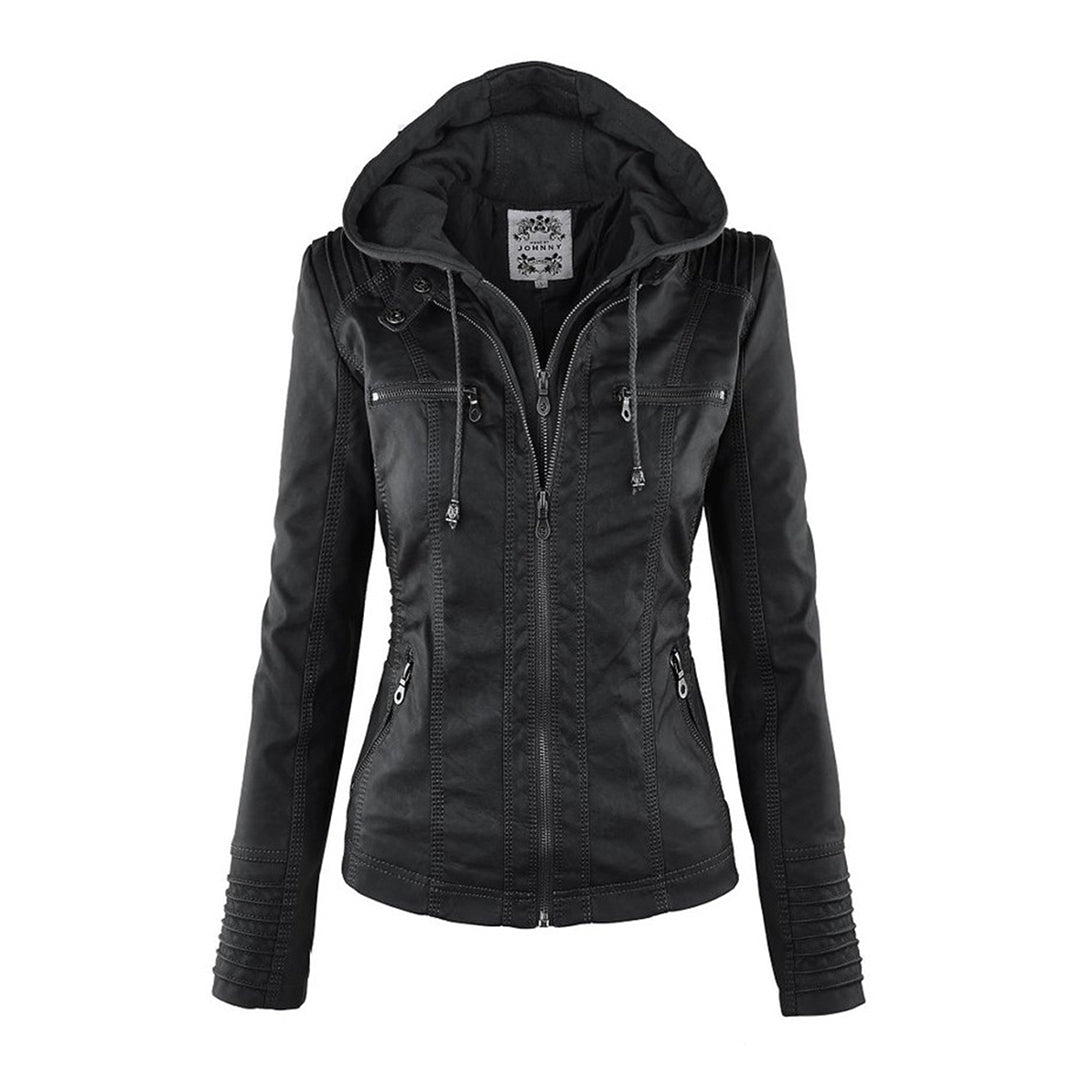 Women's black faux leather hooded zip-up biker jacket with casual edge and cozy comfort lining