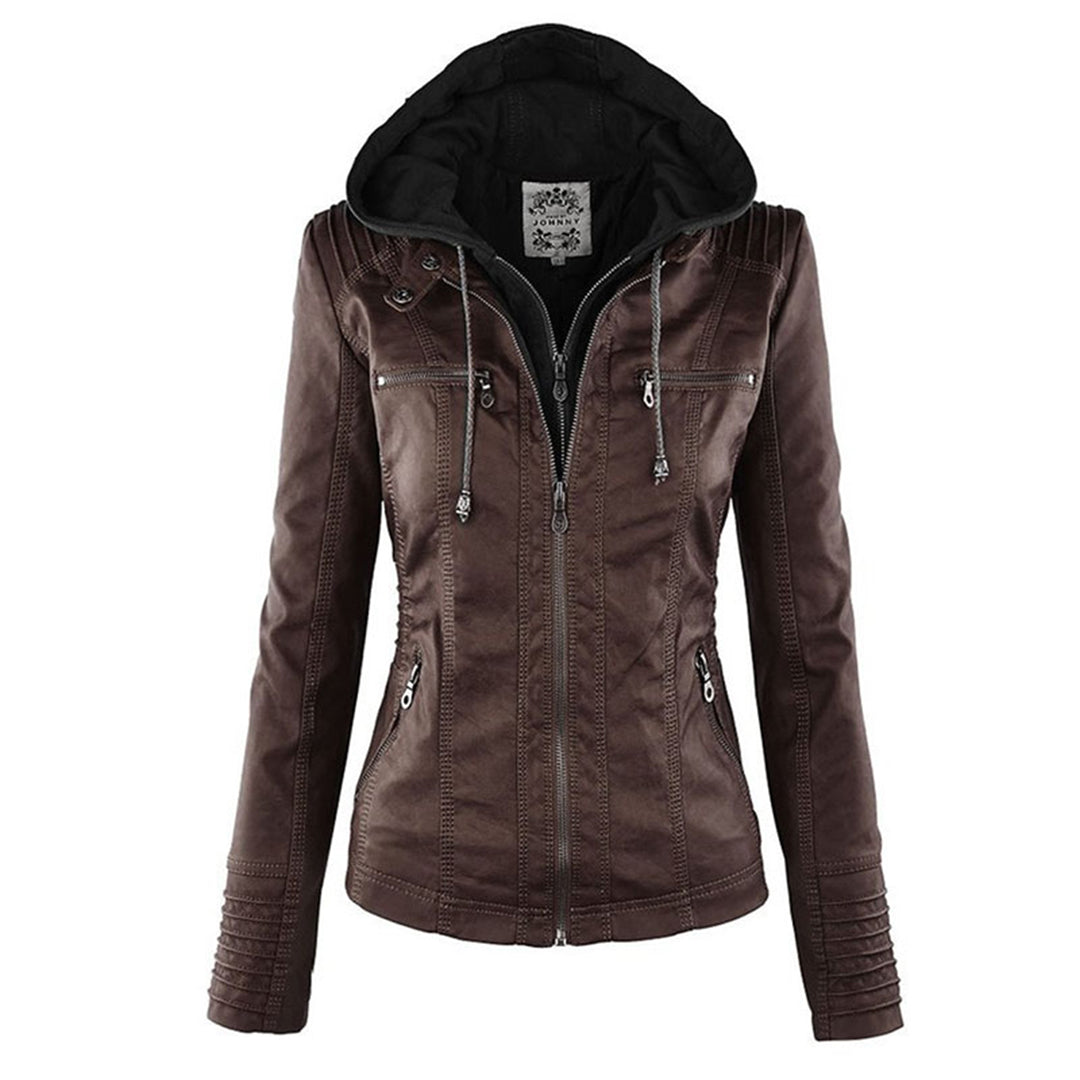 Women's black faux leather hooded zip-up biker jacket with casual style and cozy hoodie comfort