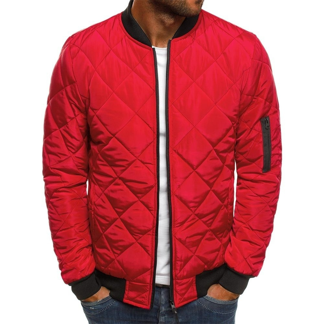 Navy quilted bomber jacket men lightweight streetwear diagonal pattern rib-knit collar cuffs
