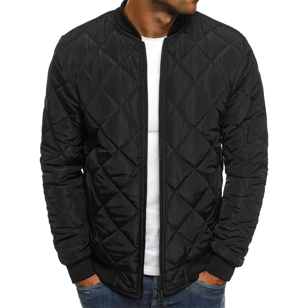 Navy quilted bomber jacket men lightweight streetwear diagonal pattern rib-knit collar cuffs