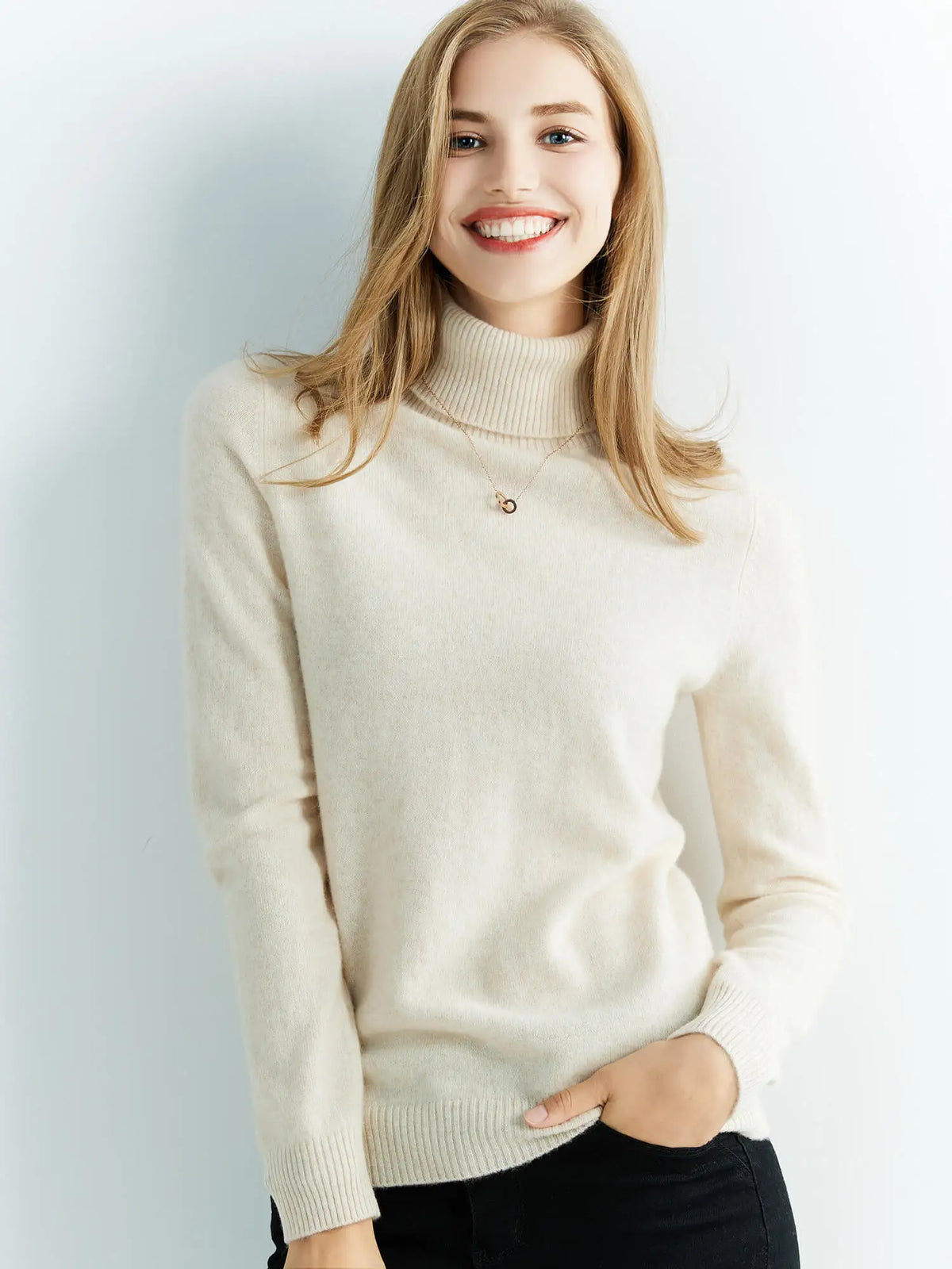 Ivory relaxed turtleneck merino wool sweater with ribbed trims and breathable knit texture
