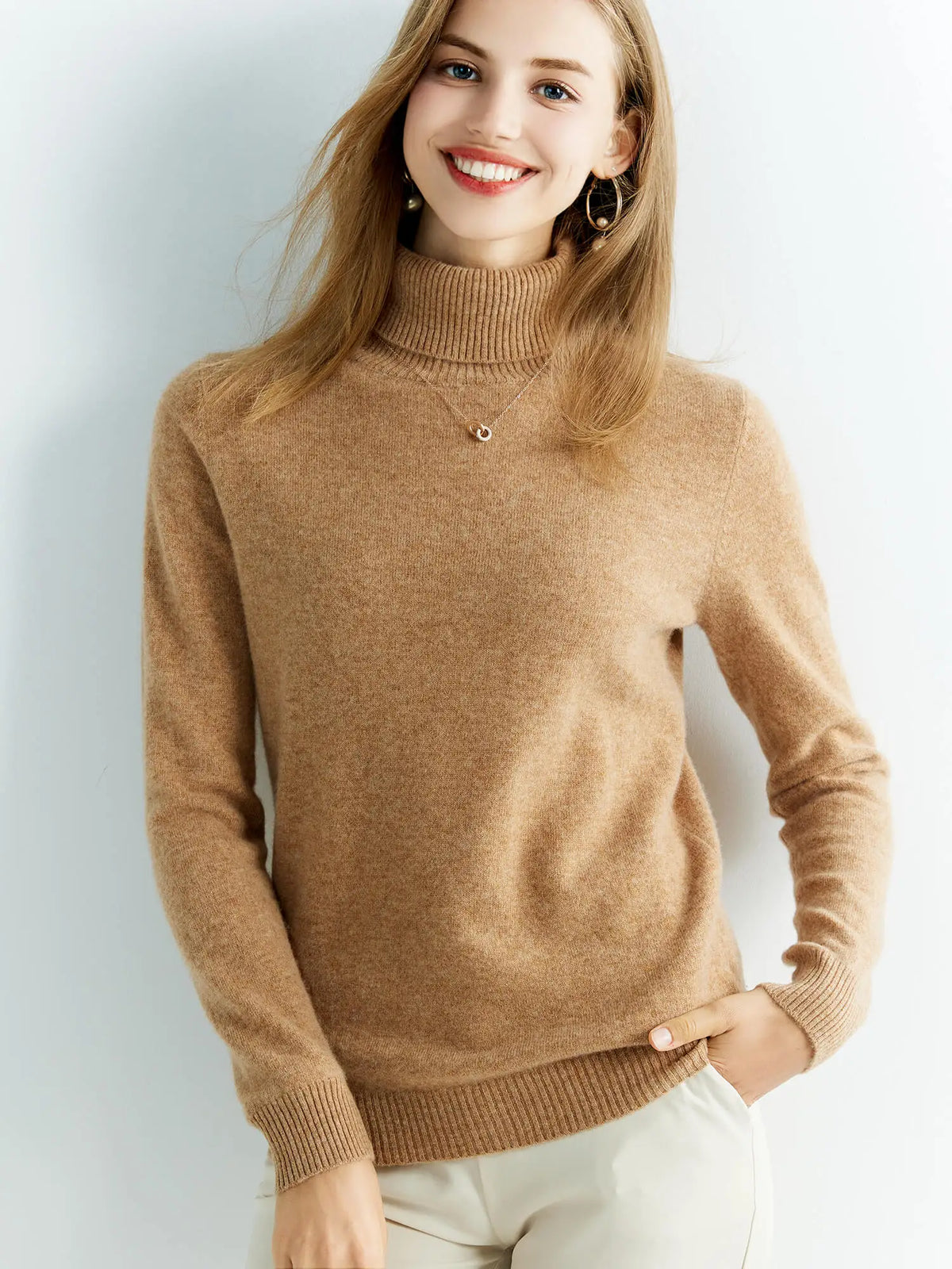Ivory relaxed turtleneck merino wool sweater with ribbed trims and breathable lightweight knit