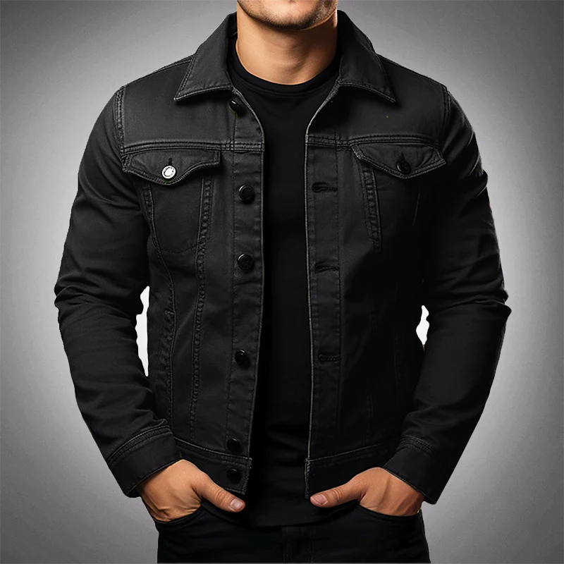L'Authentique blue denim jacket by Felix Grant with elegant polo collar and multi-pocket design