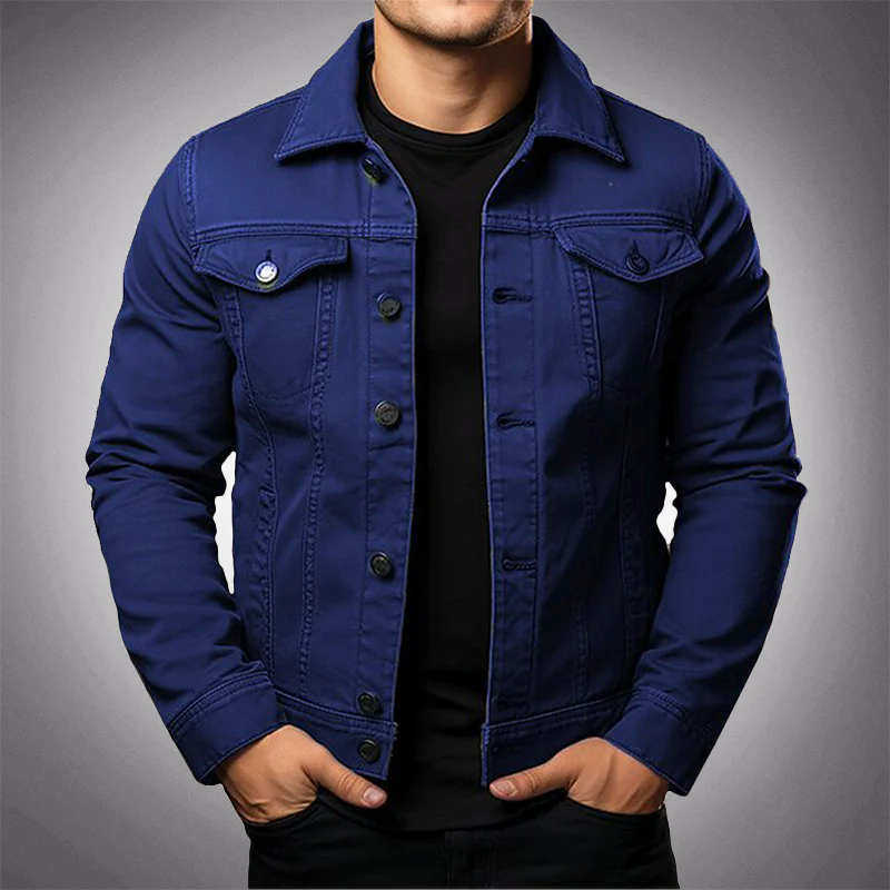 Men's blue denim jacket structured fit with button closure, tailored silhouette for everyday casual wear