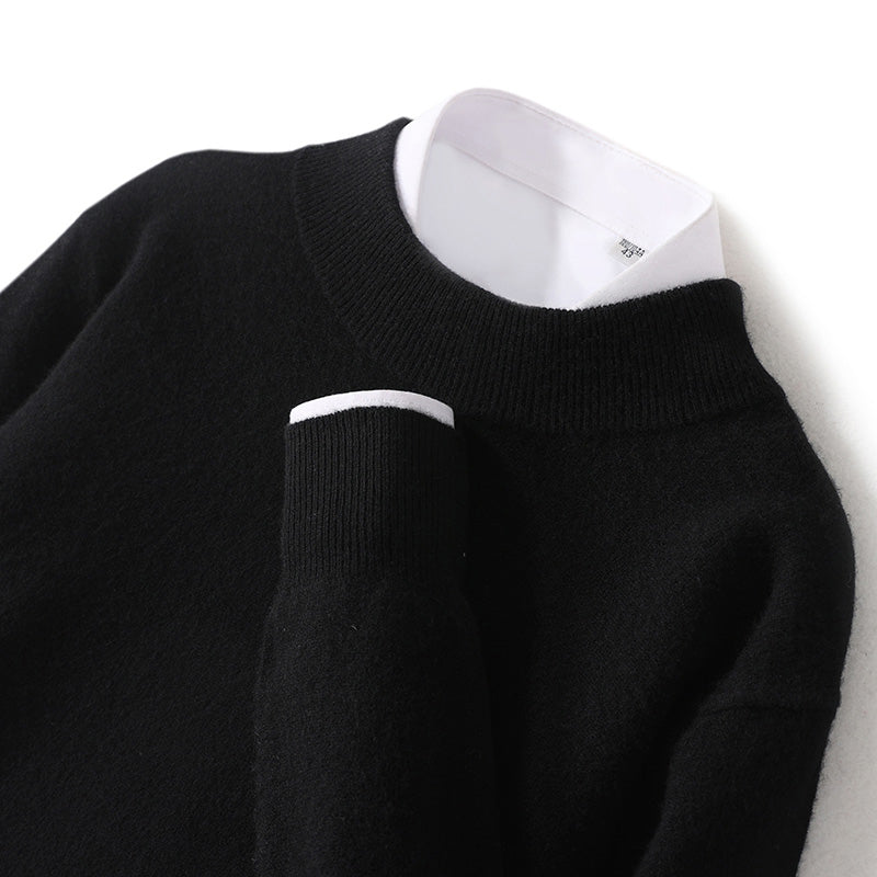 Ivory wool O-neck sweater by Lorenzo Vitali with premium luxurious knit and classic elegant fit