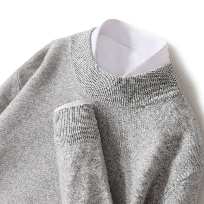 Ivory wool O-neck sweater by Lorenzo Vitali with premium classic elegant fit