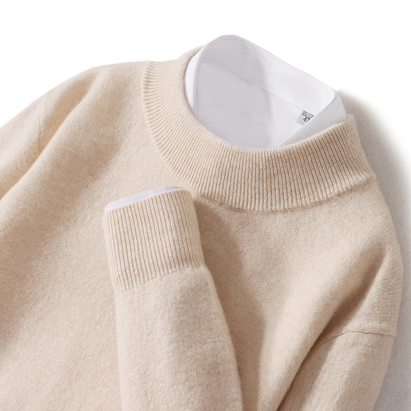 Ivory wool O-neck sweater by Lorenzo Vitali, classic elegant cut with premium luxurious knit texture