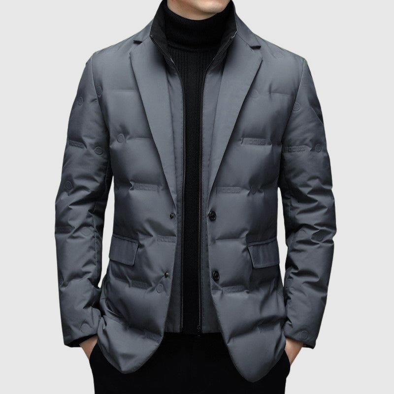 Men's navy tailored duck down puffer blazer lightweight insulated structured silhouette winter coat