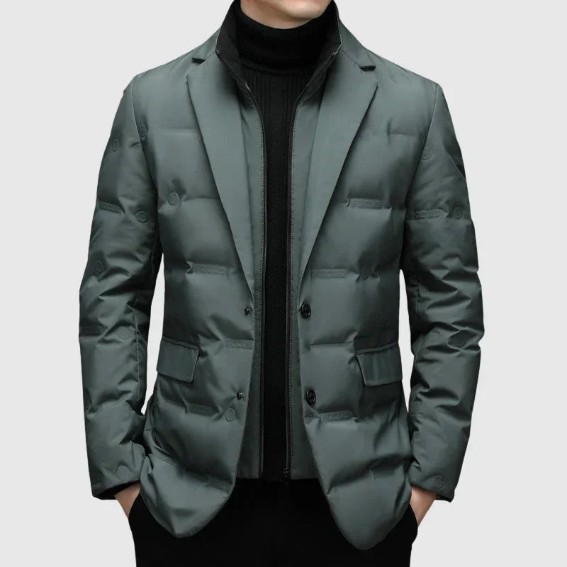Men's navy quilted blazer jacket tailored fit notched lapel two-button closure structured silhouette