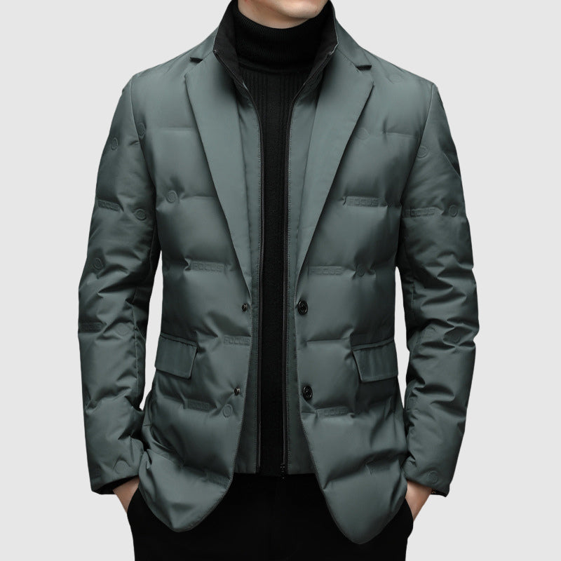 Men's navy tailored puffer blazer duck down insulated lightweight winter coat structured silhouette