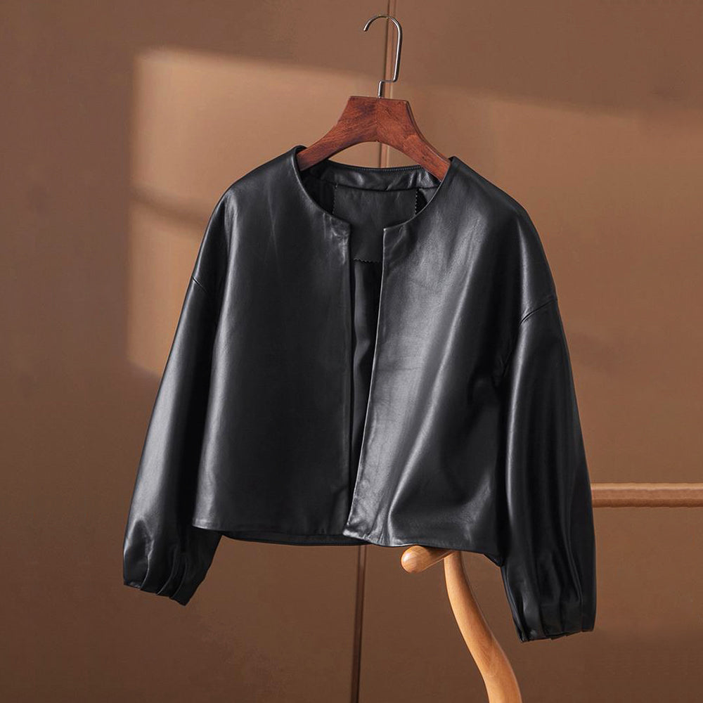 Women's vegan leather jacket black chic tailored silhouette modern city outerwear by Valentina Rossi