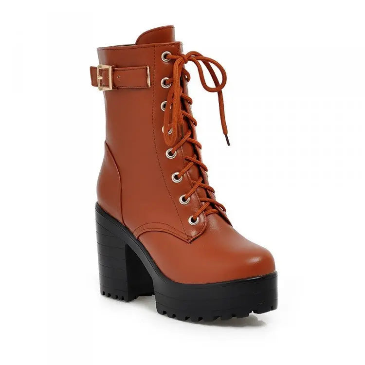 Women's black lace-up ankle boots bold style 10cm heel waterproof platform fashion footwear