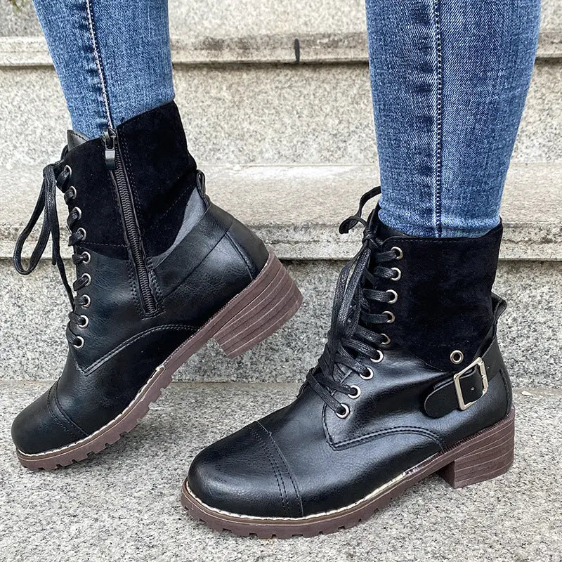 Women's black lace-up combat fashion boots with chunky heel and round toe, stylish winter footwear