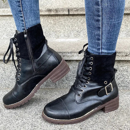 Women's black lace-up combat fashion boots with chunky heel and round toe, stylish winter footwear