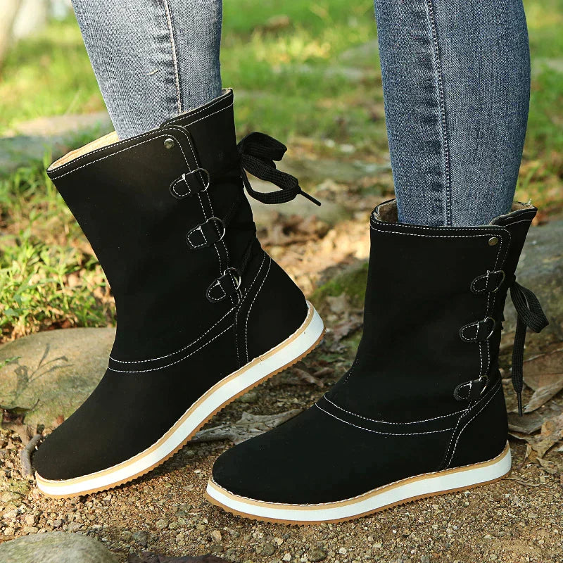 Women's brown suede-like lace-up mid-calf boots with flat rubber sole for autumn winter