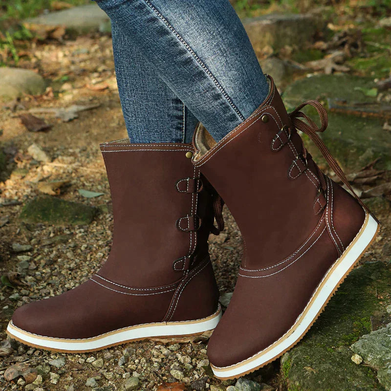 Women's brown suede-like lace-up mid-calf boots with flat rubber sole for autumn winter