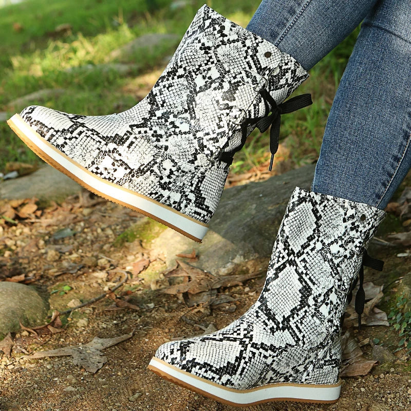 Women's black suede-like lace-up mid-calf boots with flat rubber sole for autumn winter