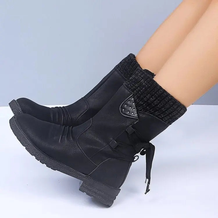 Women's mid-calf suede lace-up winter boots with knit cuff detail, chic style for cold weather