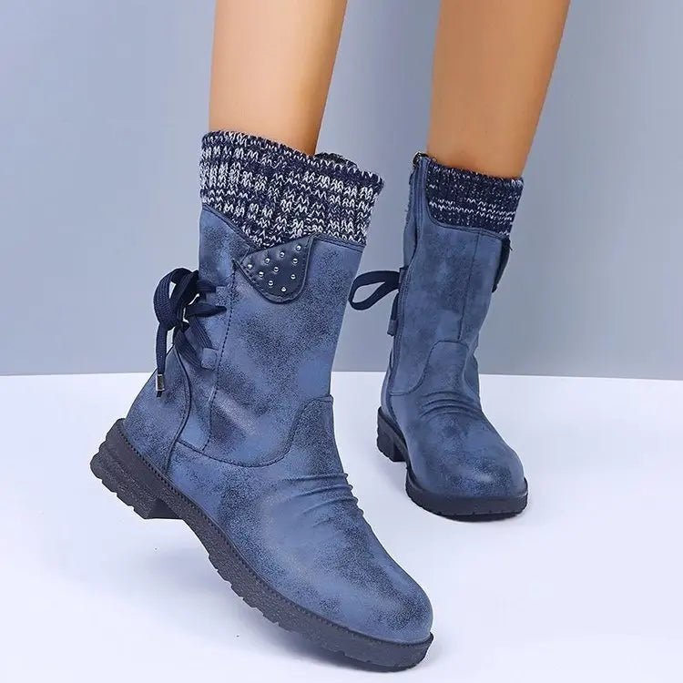 Women's mid-calf suede lace-up winter boots with knit cuff detail in neutral tone