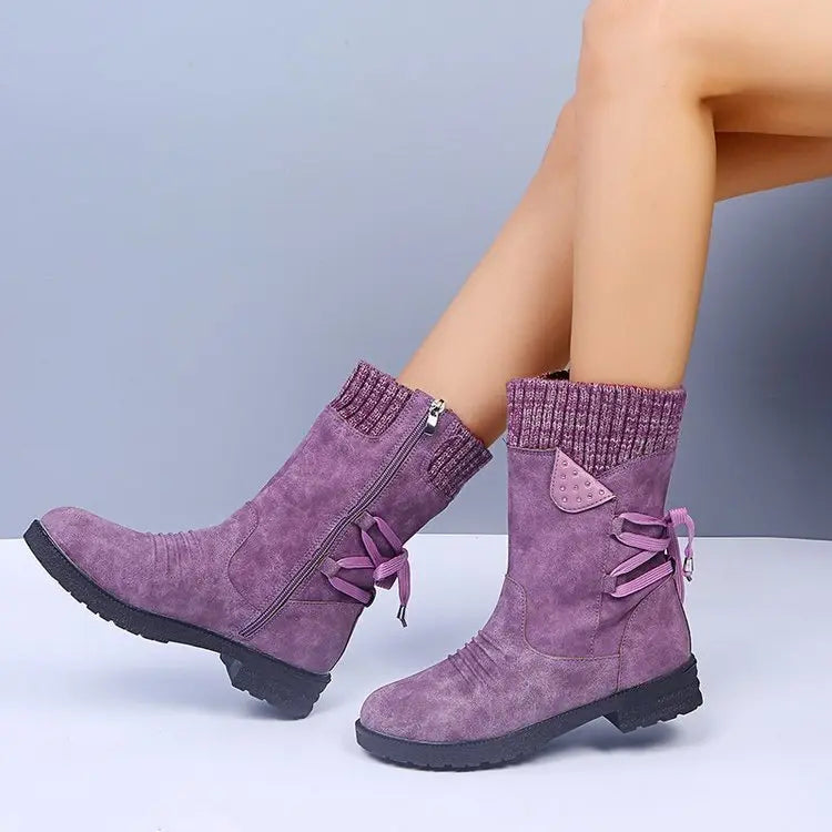 Women's mid-calf suede lace-up winter boots with knit cuff detail, chic and warm design