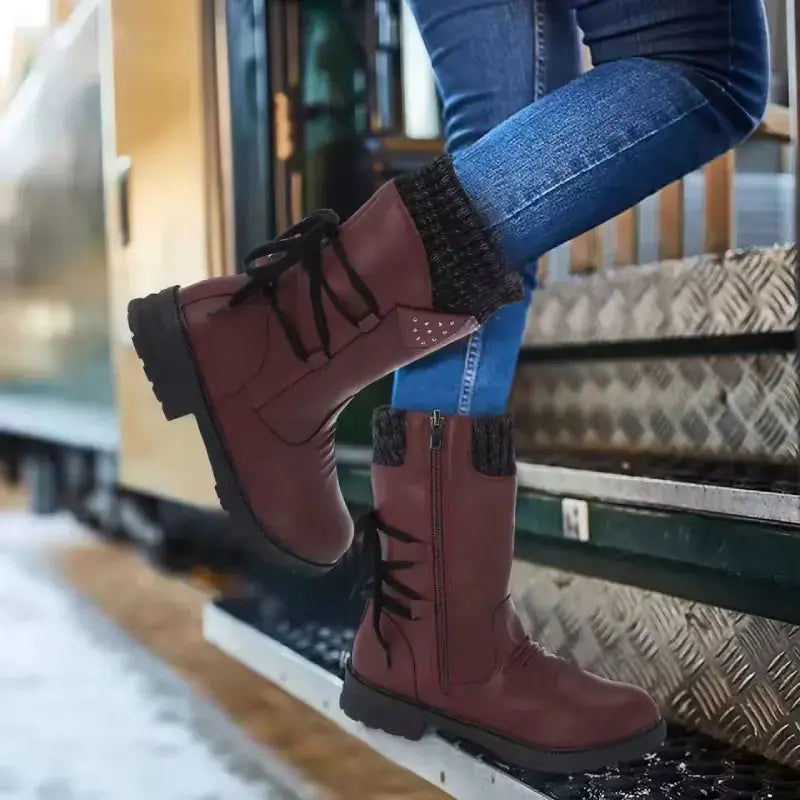 Women's mid-calf suede lace-up winter boots with knit cuff detail, chic style and warm lining