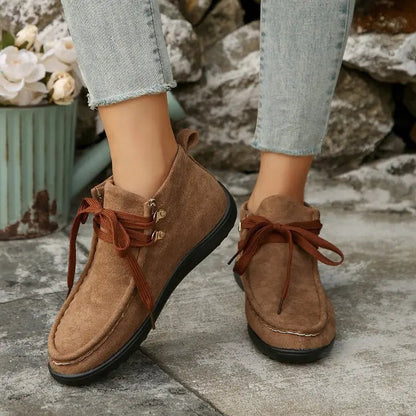 Women's brown faux suede lace-up winter boots with plush lining and cold-weather grip outsole