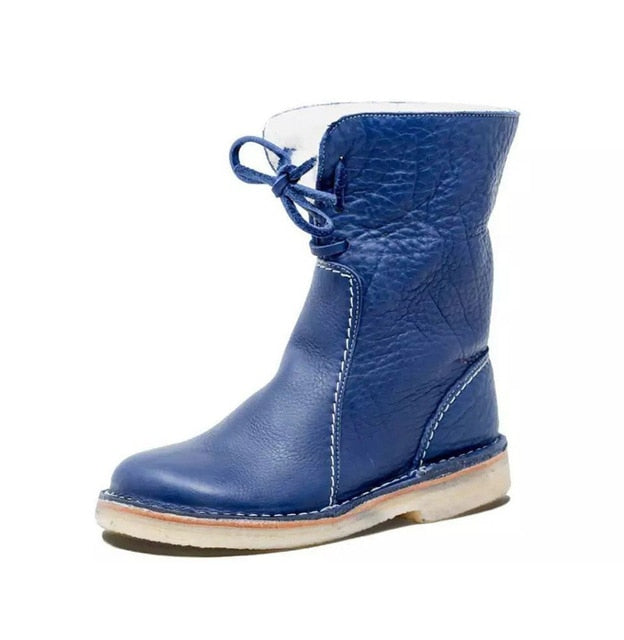 Women's lace-up snow boots with plush velvet lining, flat sole, cozy winter style in neutral tones