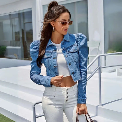 Laila cropped blue denim jacket with puff sleeves, vintage-inspired style and modern fit