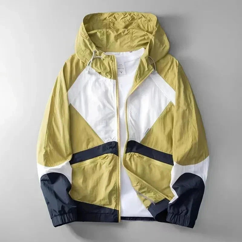 Men's color-block windbreaker jacket bold geometric design adjustable hood lightweight quick-dry fabric