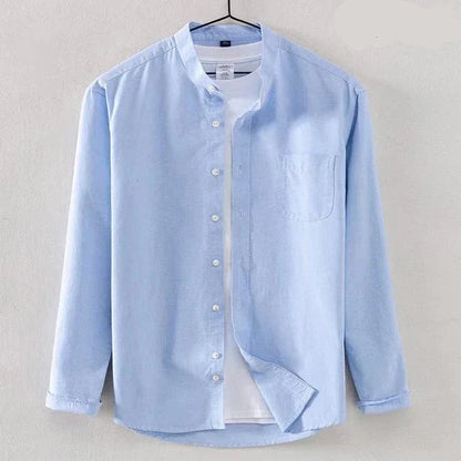 Men's white regular fit long sleeve shirt with band collar, button closure and chest pocket