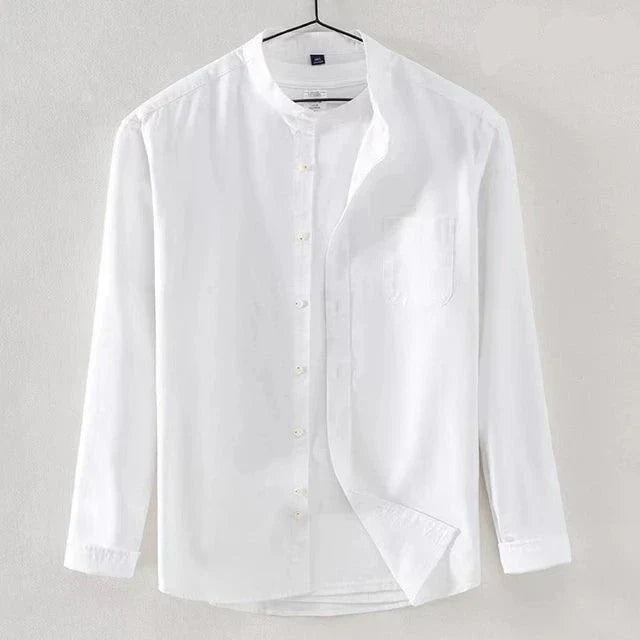 Men's white regular fit long sleeve shirt with minimalist band collar and chest pocket