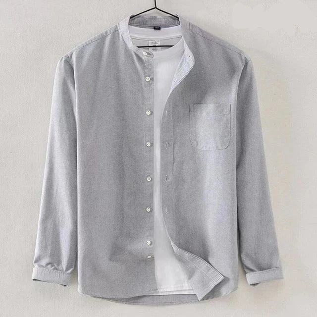 Men's white long sleeve shirt regular fit band collar button closure with chest pocket