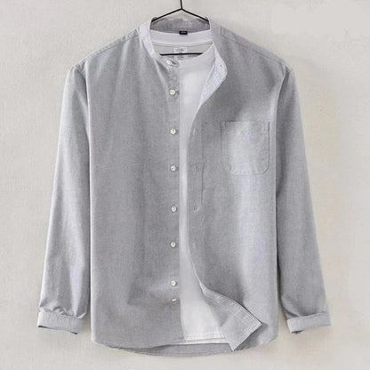 Men's white long sleeve shirt regular fit band collar button closure with chest pocket