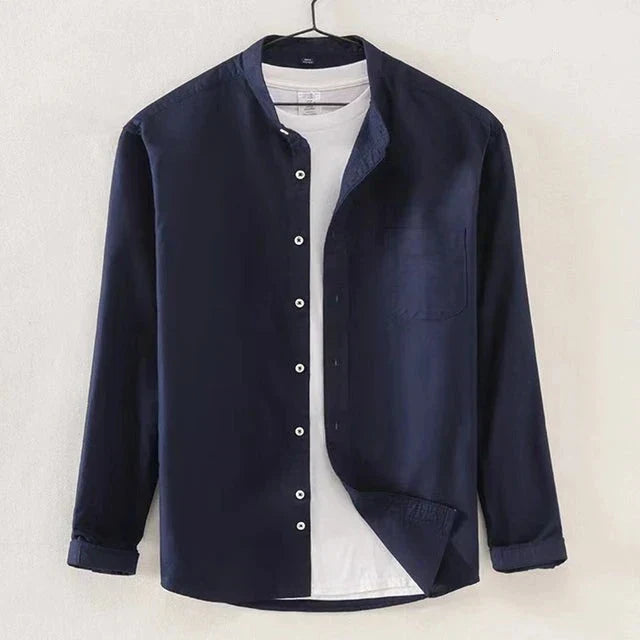Men's white regular fit long sleeve shirt with minimalist band collar and chest pocket