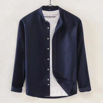 Men's white regular fit long sleeve shirt with minimalist band collar and chest pocket