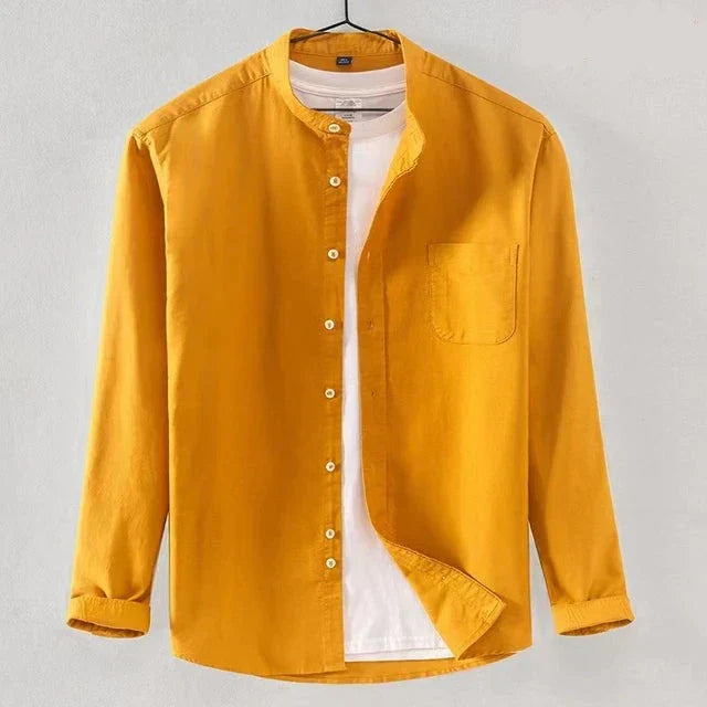 Men's white regular fit long sleeve shirt with minimalist band collar and chest pocket