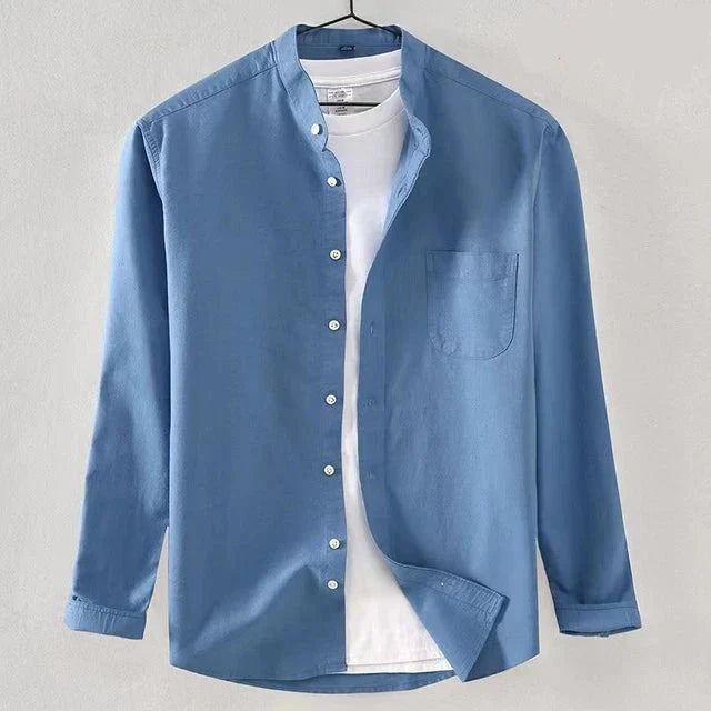 Men's white regular fit long sleeve shirt with minimalist band collar and chest pocket