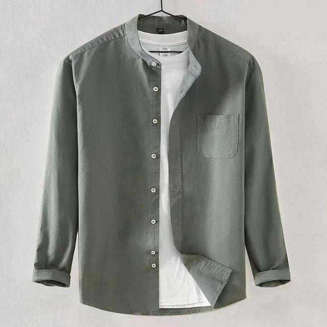 Men's white long sleeve shirt with band collar, regular fit, chest pocket, button closure