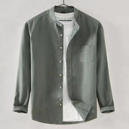 Men's white long sleeve shirt with band collar, regular fit, chest pocket, button closure