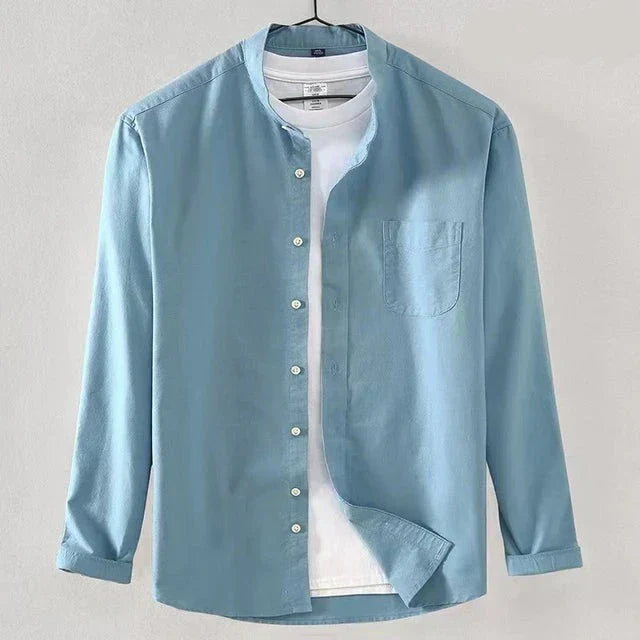 Men's white regular fit long sleeve shirt with minimalist band collar and chest pocket