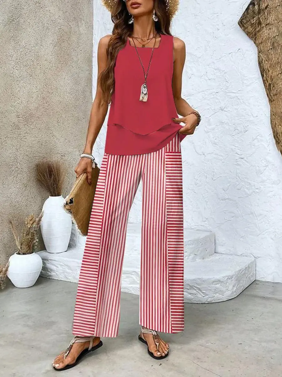 Women's beige layered top wide-leg trousers plus size set, flowy breathable summer two-piece outfit