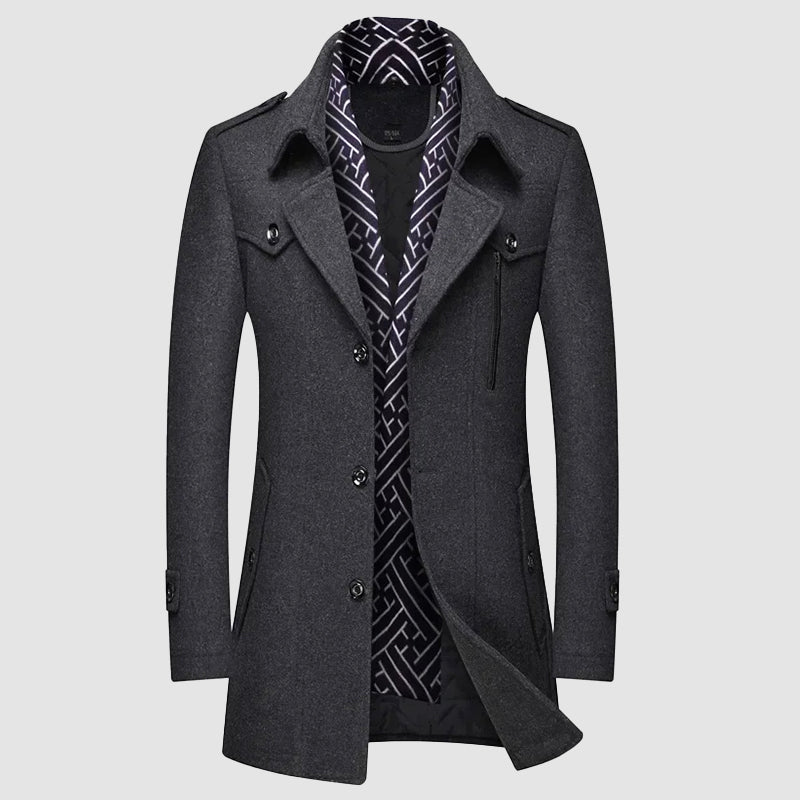 Men's charcoal wool blend coat classic fit durable premium detachable patterned collar