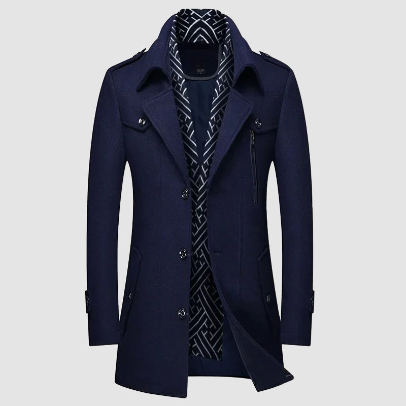 Men's dark wool blend legacy coat with detachable patterned collar and button accents