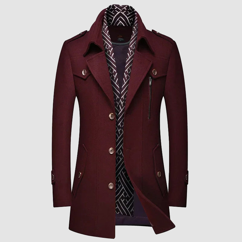 Men's charcoal wool blend legacy coat with detachable patterned collar and button details