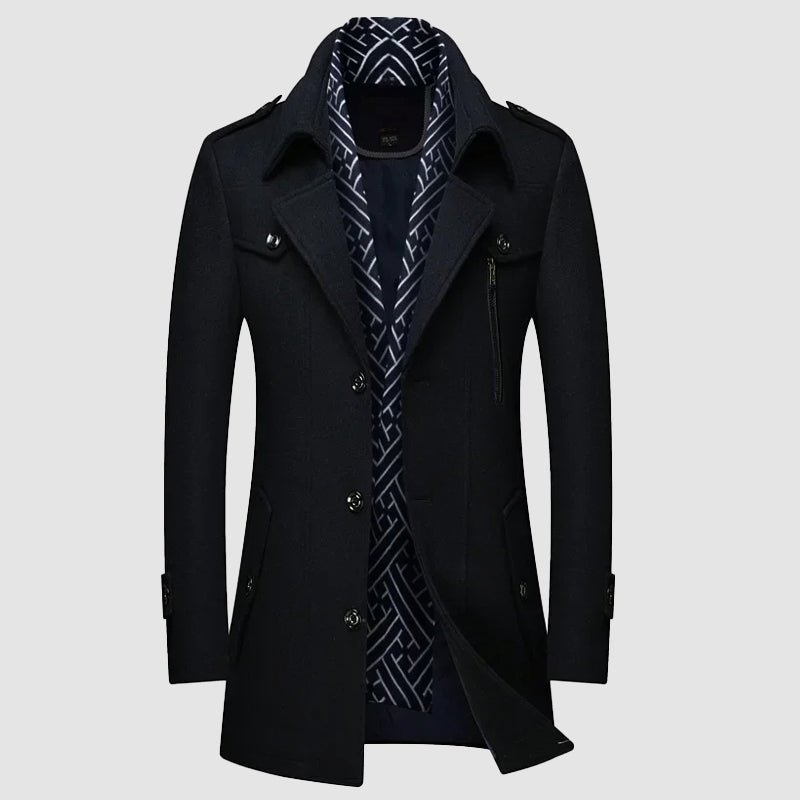 Men's charcoal wool blend coat classic fit durable construction detachable patterned collar