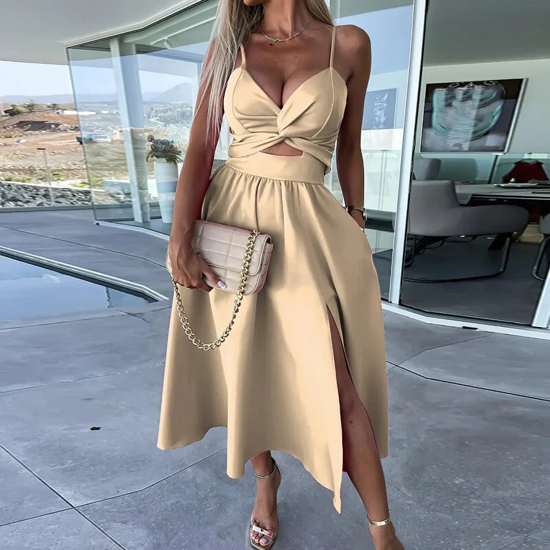 Leila twist front spaghetti strap midi dress with midriff cut-out, warm-weather elegant silhouette