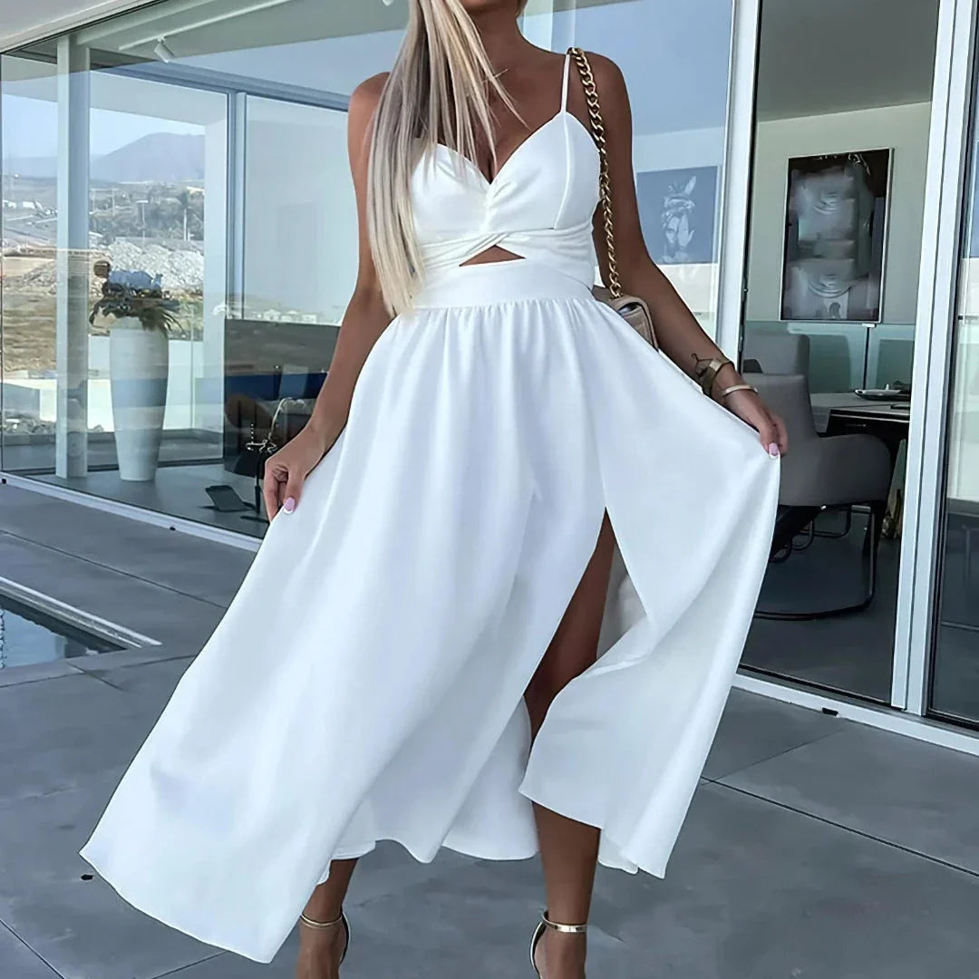 Leila twist front spaghetti strap midi dress with midriff cut-out, sculpted bodice silhouette