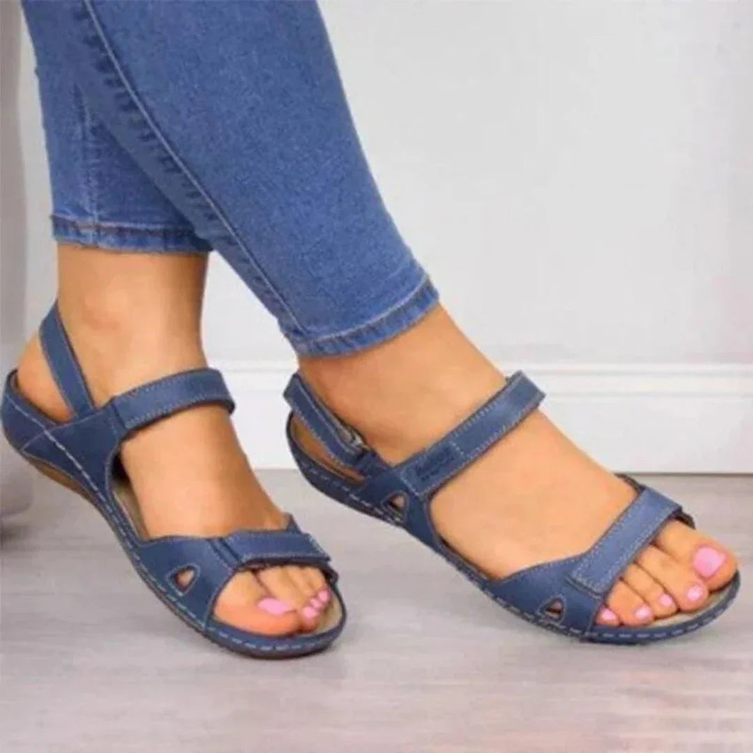 Women's beige comfort open-toe wedge sandals with adjustable Velcro straps and supportive arch footbed