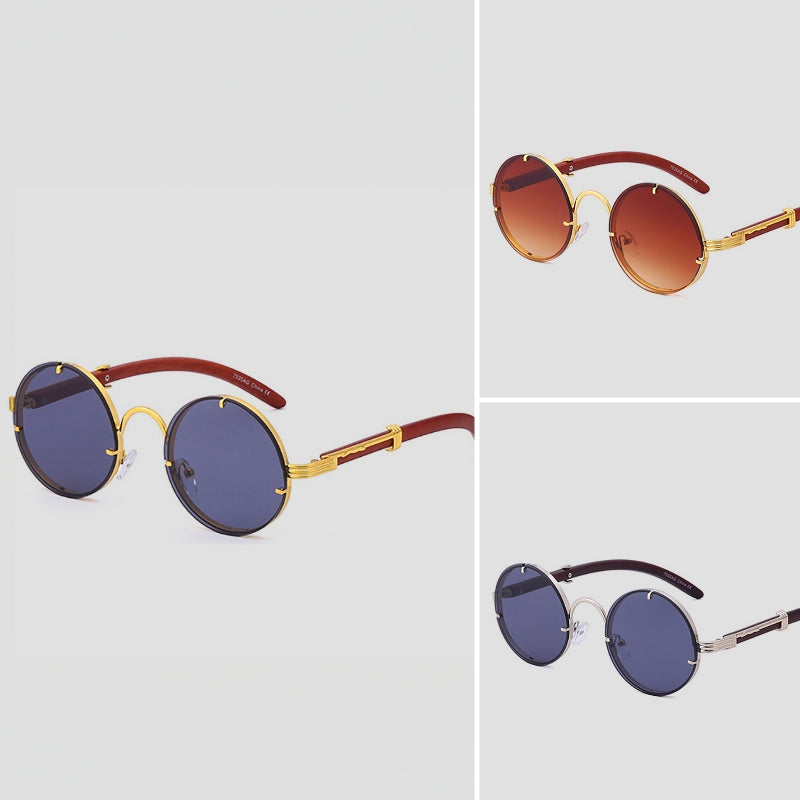 Lennon retro round sunglasses with rimless lenses, gold detailing, and steampunk-inspired silhouette