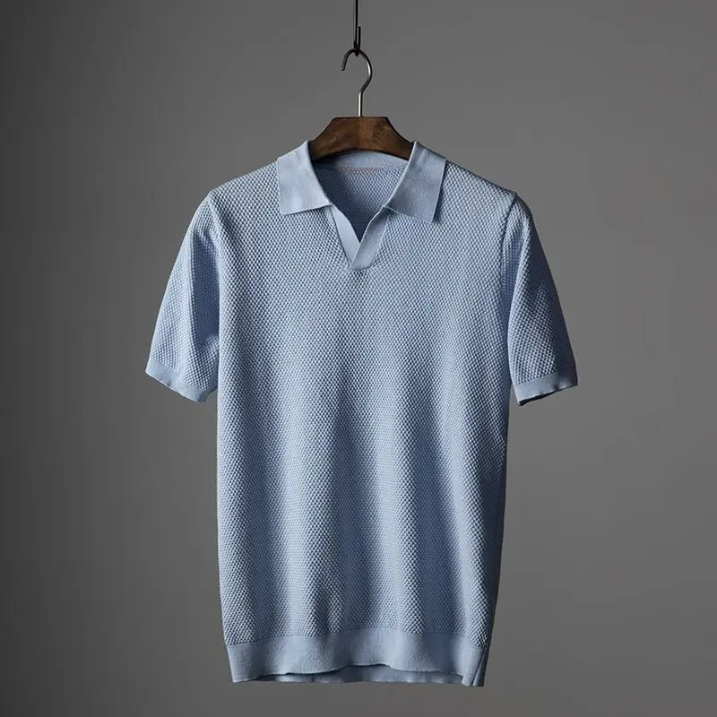 Lennox navy textured knit polo shirt with soft spread collar and V-placket tailored fit